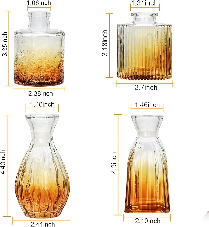 Mapoxy Glass Bud Vases Set of 4,Small Brown Flower Vases for Wedding Centerpiece Table Decorations,Clear Vintage Embossed Mini Vases,Flower Arrangements in Vases for Party or Home Decor