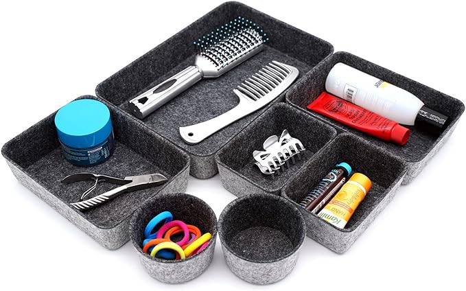 Welaxy Drawer organizer felt trays desk storage bins dividers small drawers organizing box for office supplies interior cozy decor catchall entryway key holder 7-piece back to school (Charcoal)