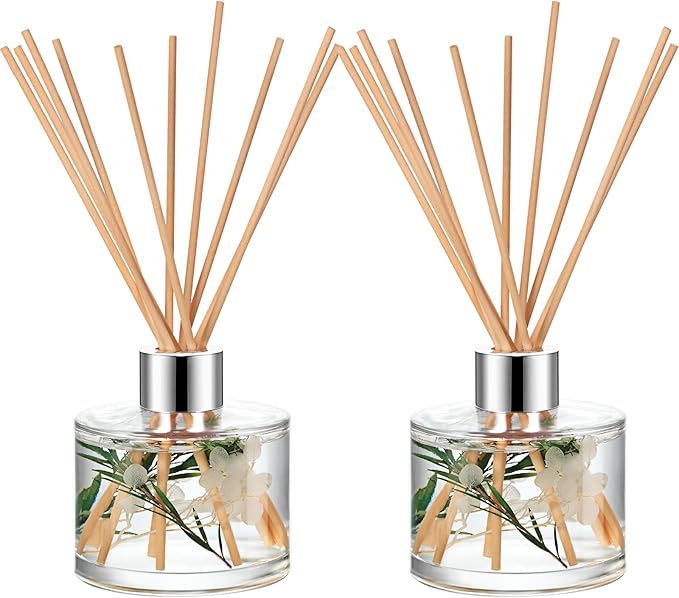 Rtteri 2 Reed Diffuser Sets Flower Oil Diffuser Sticks with Refill Empty 5oz Bottles Scent Glass for Fragrance Home Bathroom Gifts, Oil Not Included(White Color)