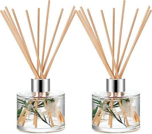 Rtteri 2 Reed Diffuser Sets Flower Oil Diffuser Sticks with Refill Empty 5oz Bottles Scent Glass for Fragrance Home Bathroom Gifts, Oil Not Included(White Color)