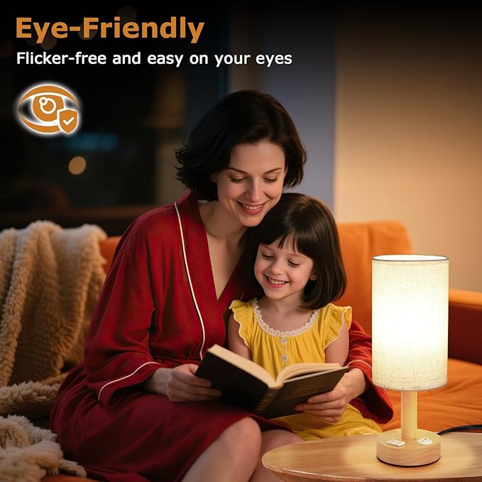 Small Bedside Table Lamp with AC Outlet, Natural Wood Base & Linen Shade, Mini Cute Cozy Warm White Nightstand Boho Lamp, Study Desk Night Stand Light for Bedroom, Kitchen, Nursery, Living Room