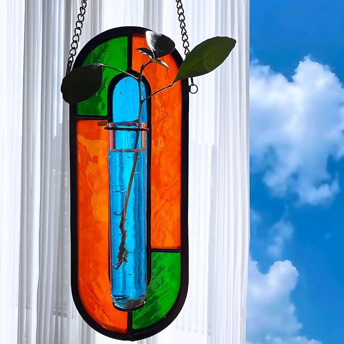 LITMIND Multi-Color Stained Glass Propagation Station - Handcrafted Translucent Suncatcher Planter with 2 Tubes, Hanging Hydroponic Décor for Windows & Garden