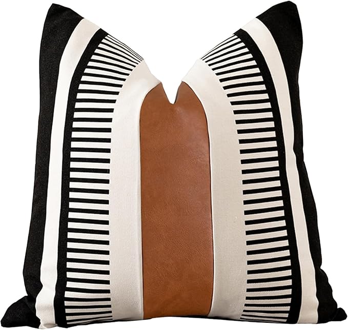Farmhouse Throw Pillow Covers for Couch Sofa Decorative Faux Leather Square Cushion Cover Tribal Stripe Accent Pillow Case 20 x 20 Inch, Black