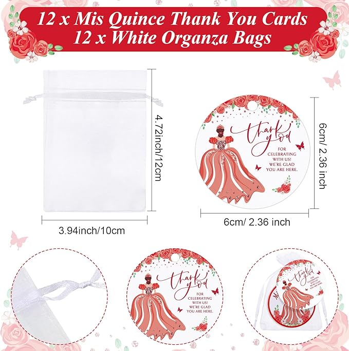 12 Sets Quinceanera Party Favor for Guests Include 12 Mis Quince Años Candles Set Soy Tealight Candles Thank You Card Organza Bag 15th Sweet Birthday Parties Quinceanera Party Souvenir (Red)