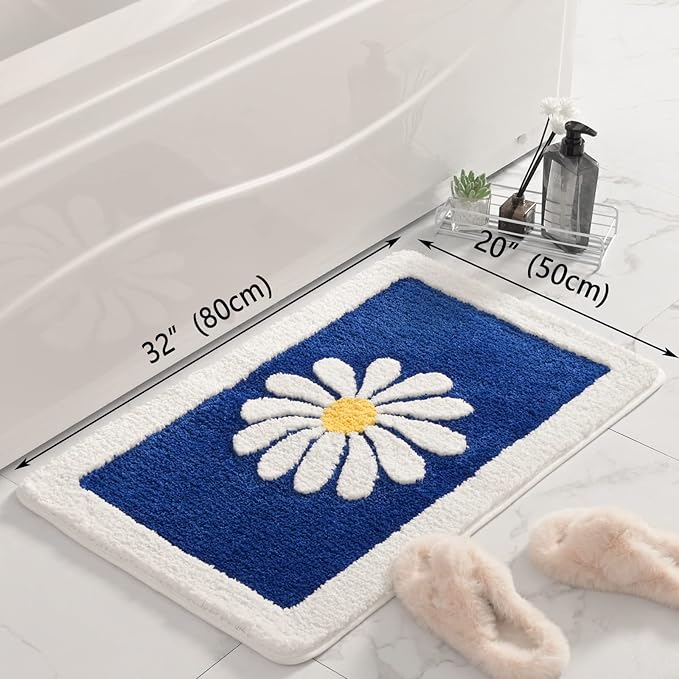 Fluffy Bath Mat, White Flower Soft Superfine Fiber Non Slip Machine Wash Plush Mats, Shower Room (20x32, Blue)