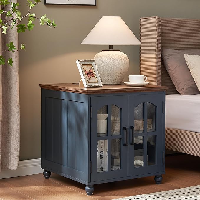 Farmhouse End Table Set of 3 with Charging Station, 18'' Narrow Side Table and 24" Large Sofa Side Table with Glass Barn Door Storage, Wood Night Stand Bedside Table for Living Room,Bedroom