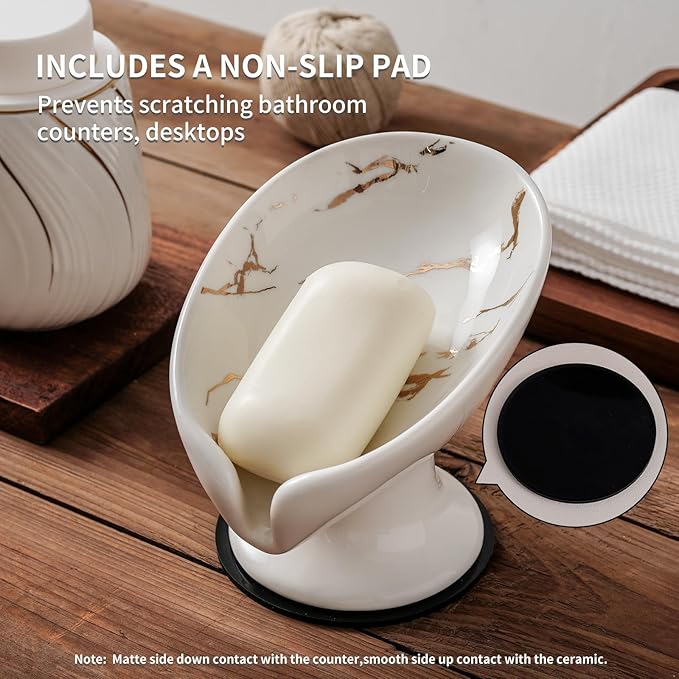 Soap Dish, Soap Holder Self Draining Leaf Shape Soap Dishes,White Ceramic Draining Soap Tray for Shower, Bathroom Sink, Kitchen (Large Size-Marble White, 1)