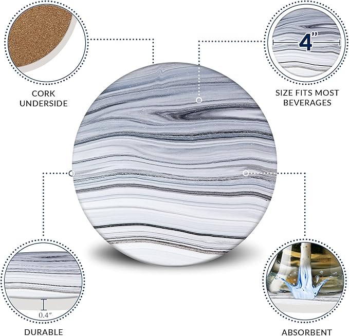 Emerson Coasters for Drinks Absorbent – Natural Stone Drink Coasters Set with Holder, Coasters for Coffee Table, Wooden Tabletop Protection Marble Style – 100% Heavy Duty Set of 6 (Sea)