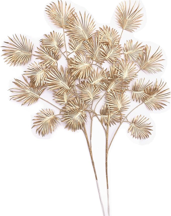 Christmas Decor Artificial Gold Plants 30" Tall 2 Pack, Faux Golden Fans Palm Leaves Plastic Fake Tropical Grass Flowers for Home Indoor Room Wedding Centerpiece Decoration Hall Table Vase Filler DIY