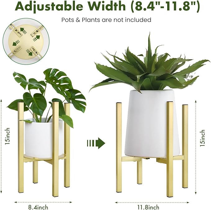 Oroonoko Adjustable Metal Plant Stand, 2 Pack Large Potted Plant Pot Holder with Adjustable Width Fits 8-12inch Mid Century Expandable Pot Indoor Dispaly (2 Pack)