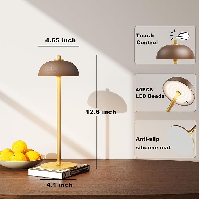 2 Pack LED Cordless Table Lamp Rechargeable,5000mAh Battery Operated Table Lamp, 3 Color Stepless Dimming Metal Table Light with Memory Function for Outdoor, Dinner, Patio, Home.(Brown)