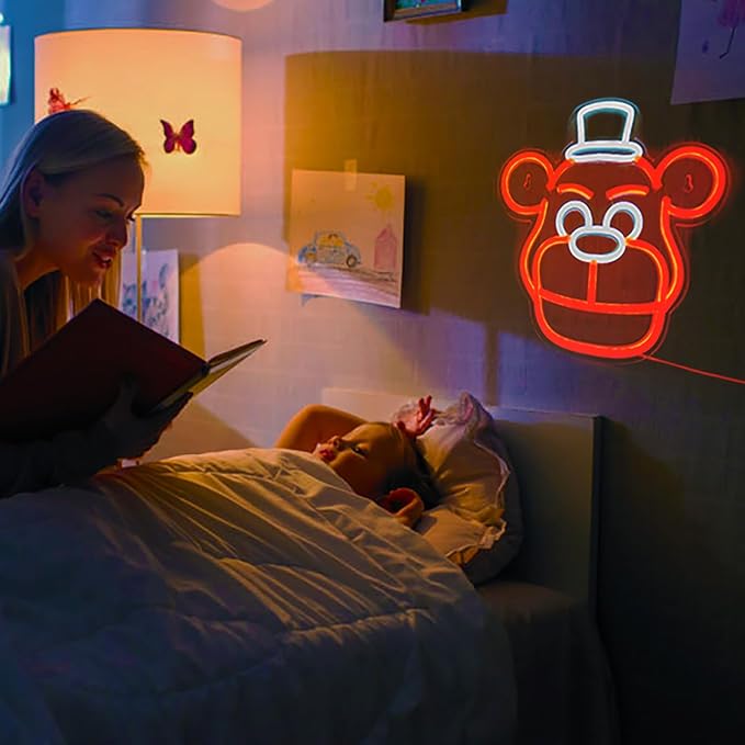Cute Five Nights Bear Neon Sign, Anime Neon Light for Wall Decor Bedroom, Children's Room, Birthday, Festival Decorations, USB Powered Orange Color White, 11.8inch x 11.8 inch