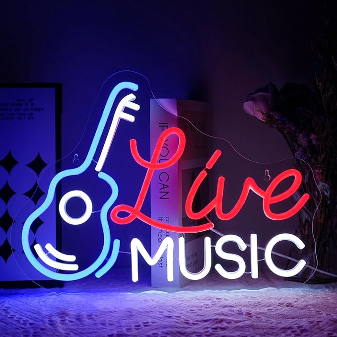 Live Music Neon Sign for Wall Decor - Dimmable LED Light for Studio, Guitar, Bar, Concert, Party, Man Cave - Room Decoration Gift