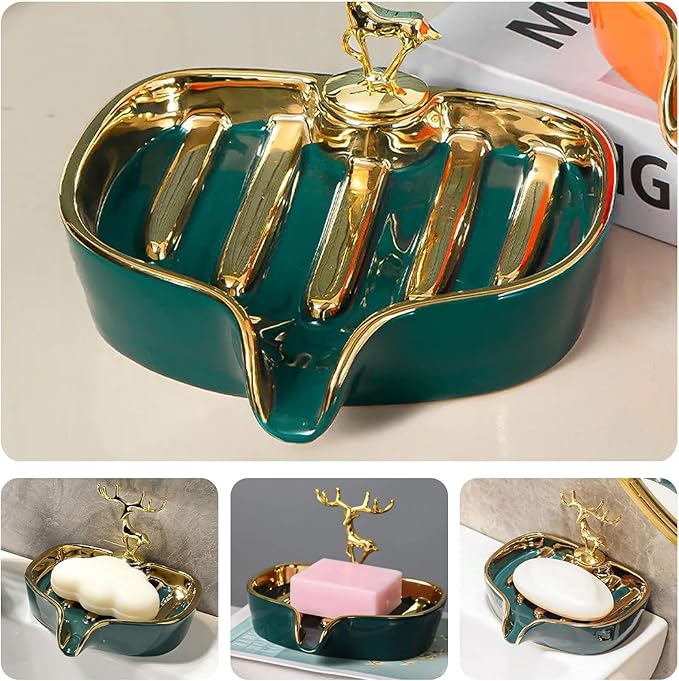 Soap Dish, Virvia Luxurious Ceramic Soap Dish Self Draining Soap Holder Tray Easy Cleaning Soap Saver for Shower Bathroom Kitchen Sink Bathtub Hotel Travel(Green Painted in Gold)
