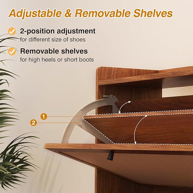 AVZEAR Narrow Shoe Storage Cabinet for Entryway with 2 Flip Drawers, Freestanding Shoe Cabinet with Natural Linen Panel, Slim Wood Shoe Organizer Closed Shoe Rack for Hallway, Foyer(Walnut)