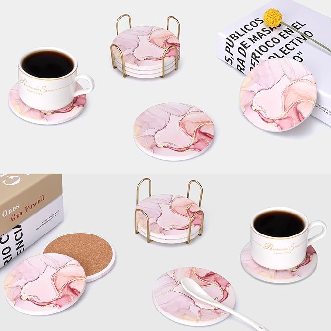 6 Pcs Pink Marble Abstract Ceramic Coasters with Holder Best Round Drink Absorbent Coaster for Desk, Lounge, Coffee Table, Wine, Beverage, Bar Coasters Set
