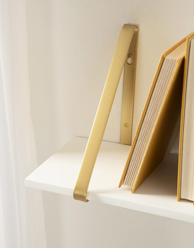 Kate and Laurel Soloman White Wooden Shelves with Gold Metal Brackets, 2 Piece Set