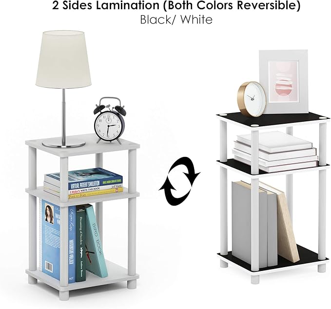 Furinno Just 3-Tier Turn-N-Tube End Table / Side Table / Night Stand / Bedside Table with Plastic Poles, 2-Pack, White/White