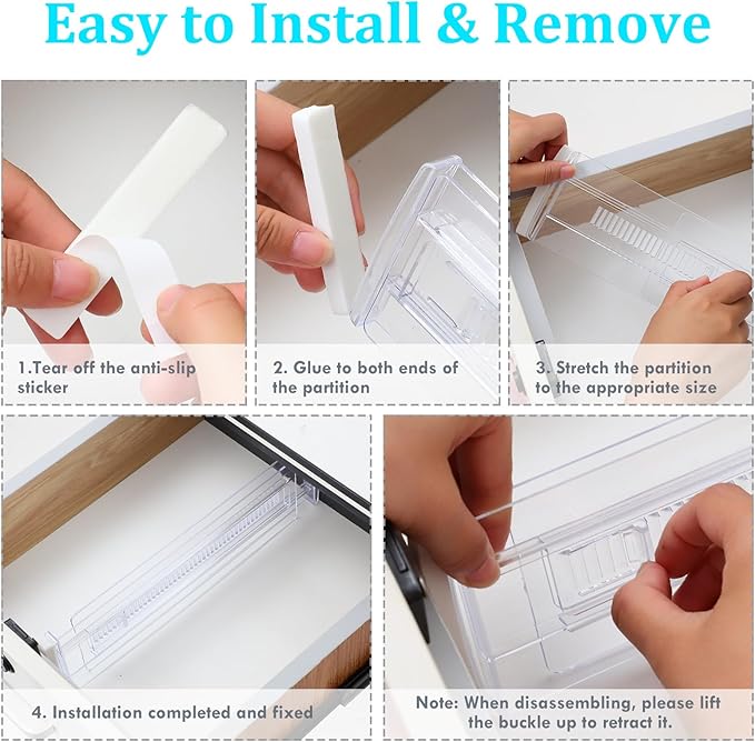 Drawer Dividers, 4 Pack Adjustable Drawer Organizers 3.2" High Expandable from 11.3-20" Clear Expandable Dresser Organizer for Clothes Kitchen Utensils Cutlery Drawer Organizers Set
