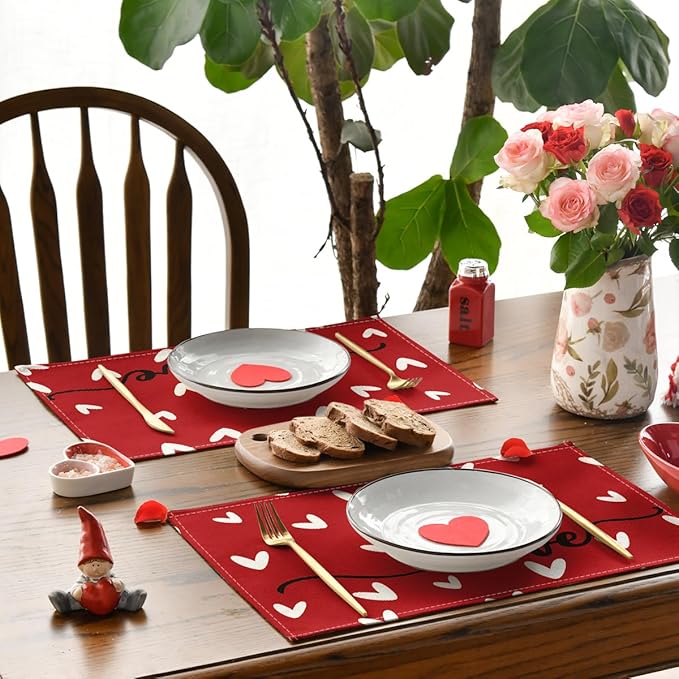Artoid Mode Red Love Hearts Placemats Set of 4, 12x18 Inch Seasonal Anniversary Holiday Table Mats for Party Kitchen Dining Decoration