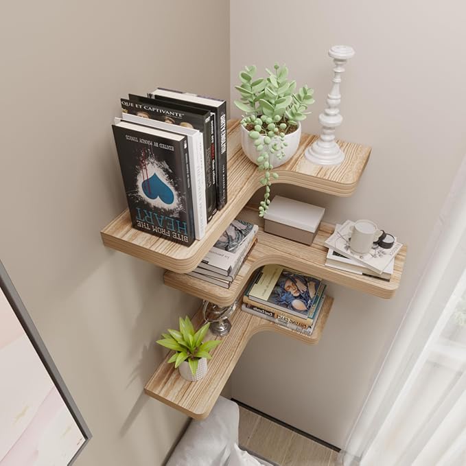 SAUMONIERES Corner Floating Shelves 24 Inch Wall Mount Shelf Solid Wood for Bedroom Bathroom Kitchen Storage Set of 2, Rustic Torched