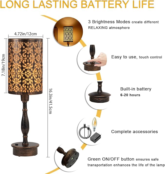 UMEXUS LED Rechargeable Cordless Table Lamp with Dimmer, Small Battery Operated Lights, Touch Nightstand Lamp, Vintage Bronze Ambient Lighting Home Living Room Side End Entryway Table Outdoor Patio