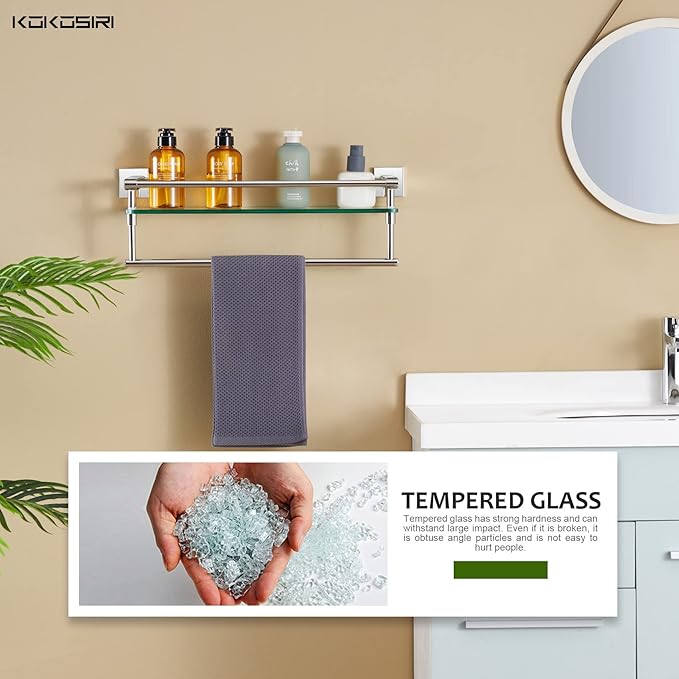 KOKOSIRI Bathroom Shelves with Towel Holder Rustproof 20'' Bathroom Tempered Glass Shelf with Rails Wall Mounted Stainless Steel, Polished Chrome Finish, B1103CH-L20
