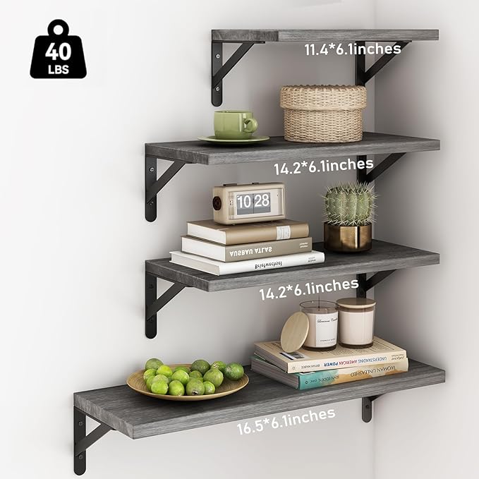 YGEOMER Floating Shelves for Wall, Different Sizes Weathered Gray Wall Shelves for Living Room, Bathroom, Bedroom, Kitchen, Home Decor (Set of 4)
