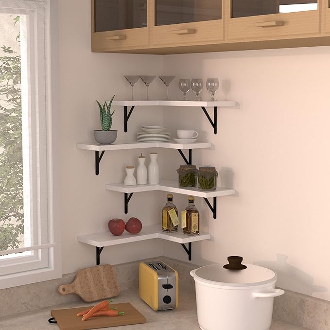 NATURE'S SOURCE Corner Floating Shelves Set of 4, Corner Shelves Wall Mounted, for Bedroom Kitchen Living Room Bathroom Office- Modern Style (White, Set of 4)
