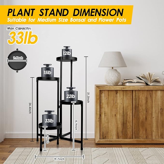 4 Tier Plant Stand Indoor Outdoor, 31 Inch Tall Metal Plant Shelf Waterproof, Plant Holder with Folding Design For Home, Living Room, Black