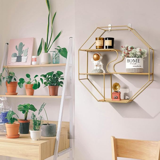 Gold Octagon Wall Mounted Metal Floating 3 Tier Shelf, Geometric Wall Shelves with Wire Frame and Wood Partition, Modern Simple Honeycomb Display Shelves Boho Decor for Bedroom, Living Room, Office