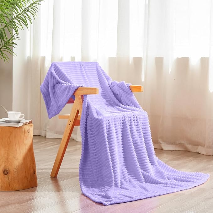 Vessia Flannel Fleece Light Purple Throw Blanket(50x71 Inch) for Couch with Pillow Cover(18 * 18 Inch), Warm Cozy Soft Stripe Pattern Blanket, Microfiber Lilac Ribbed Sofa Throw for All Season