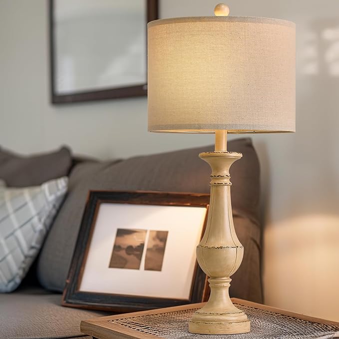 PoKat 27.5" Farmhouse Table Lamp for Living Room, Mid Century Tall Table Lamp for Bedroom, Bedside Lamps for Night Stands, Wood Bedroom Lamp for End Table, Traditional Lamp, Distressed Washed White