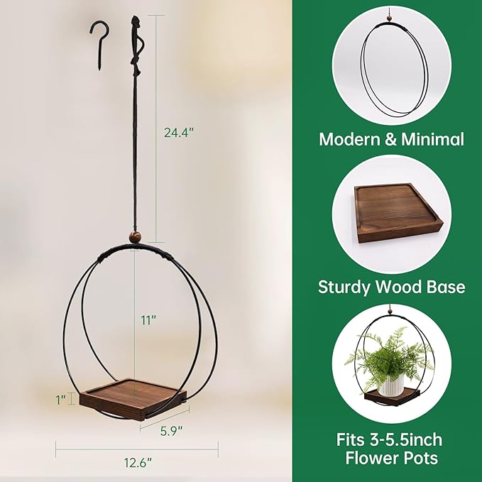 2 Pack Hanging Planter for Indoor Plants, Black Plant Hanger with Sturdy Wood Base, Modern Boho Macrame Hanger, Wall Ceiling Window Planter (Plants/Pots Not Included)