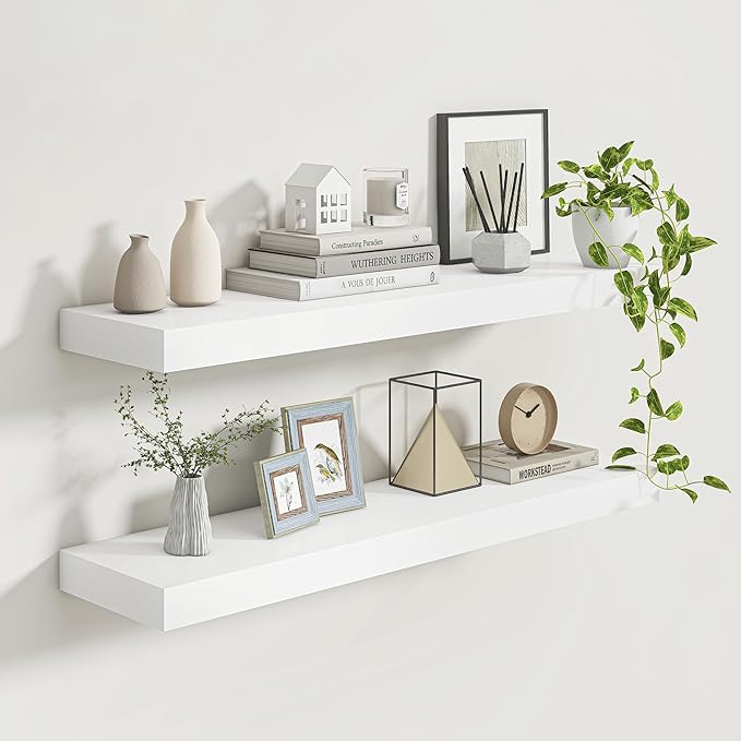 9.3 Inch Deep Floating Shelves, White Solid Wood Floating Shelf Wall Mounted, 36 x 9 Large Display & Storage Shelves for Books, Living Room, Bathroom, Rustic Wooden Wall Shelves, Heavy-Duty, Set of 2