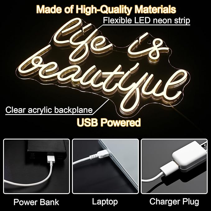 Life is Beautiful Neon Signs for Wall Decor, Letter Neon Lights for Bedroom, Led Sign with USB Powered for Livingroom, Wall Hanging Decor, Windows (Warm White)