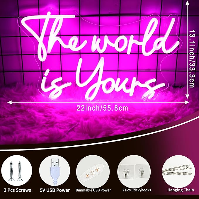 Neonwall The World Is Yours Neon Signs, Pink Led Neon Light for Wall Decor,Light Up Sign for happy birthday, Wedding, Engagement,USB Powered Led Neon Signs for Bedroom Decor 22 x 13'' (Pink)