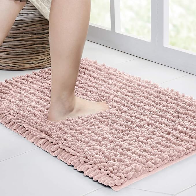 Walensee Bathroom Rug Non Slip Bath Mat (44x24 Inch Dusty Pink) Water Absorbent Super Soft Shaggy Chenille Machine Washable Dry Extra Thick Perfect Absorbant Best Large Plush Carpet for Shower Floor