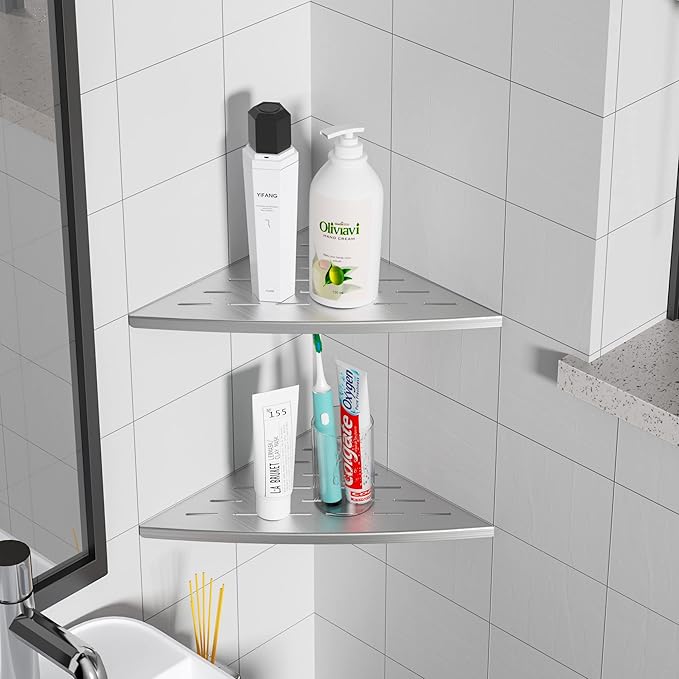 Corner Shower Shelf Brushed Nickel, 304 Stainless Steel 11.5” Recessed Corner Shelf Bathroom for Tiled Wall, Floating Shower Shelves Shampoo Holder, No Drilling, 2 Pack