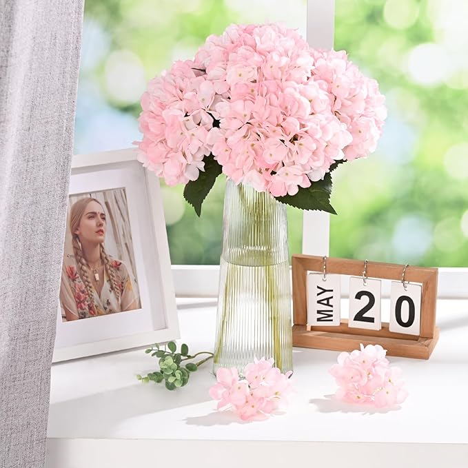 BLEUM CADE 8 Pcs Pink Hydrangea Artificial Flowers with Realistic Stems, 18In Large Fake Pink Flowers, Faux Flower for Home Party Decor Outdoor Wedding Bouquets Table Centerpieces Decoration