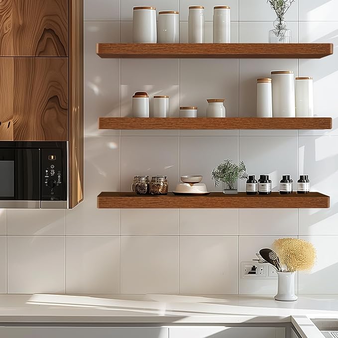 Floating Shelves for Wall,Rustic Wood Shelves Floating for Bathroom Living Room Bedroom and Kitchen,Long Hanging Shelf for Books/Storage Room/Decor (Rustic Brown,Set of 2,24 in)