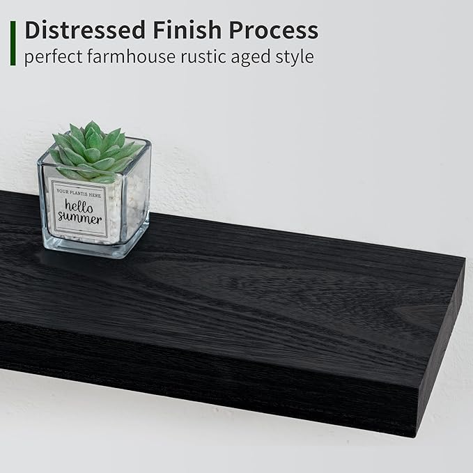 Marsmiles Wood Floating Shelves for Wall Set of 3, 17 Inch Wide Rustic Wooden Floating Shelves, Invisible Wall Mounted Display for Living Room Bedroom Kitchen Bathroom Office, Black