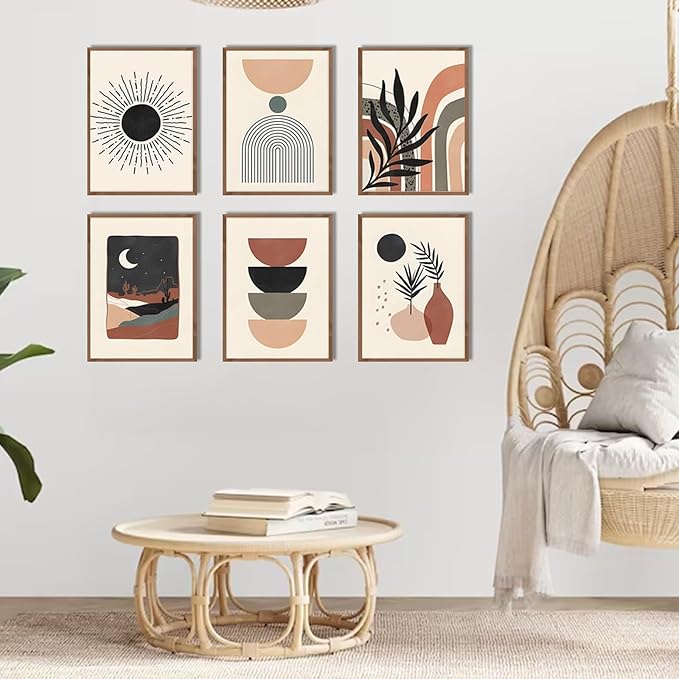 RETRART Boho Wall Decor for Bedroom, Art Home Palm Leaf Sun Moon Line Gallery Abstract Art, Minimalist | Unframed 8 inx10 inx6 PCS