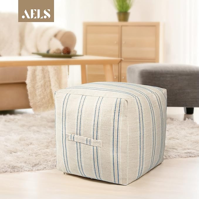 AELS Unstuffed Farmhouse Pouf Cover for Living Room, Boho Storage Bean Bag Cubes, Beige with Navy Blue Stitch Yarn Dyed Stripe Linen Square Ottoman Pouf Foot Rest Footstool, 18"x18"x18", Cover ONLY