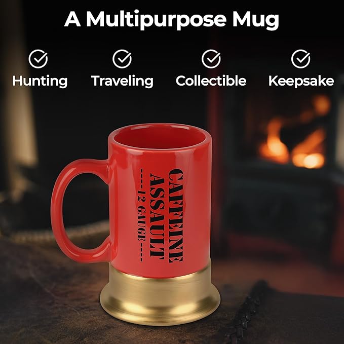 Caliber Gourmet 12-Gauge Shotgun Shell Ceramic Coffee Cup/Mug - Bold Red, Perfect Novelty Gift for Hunters & Gun Enthusiasts, Birthdays, Father's Day, Christmas & More - Funny, Quirky, and Functional