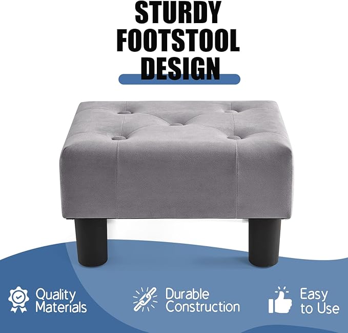 BRIAN & DANY Small Foot Stool, Velvet Foot Stools with Legs, Stable Small Footstool for Living Room, Grey