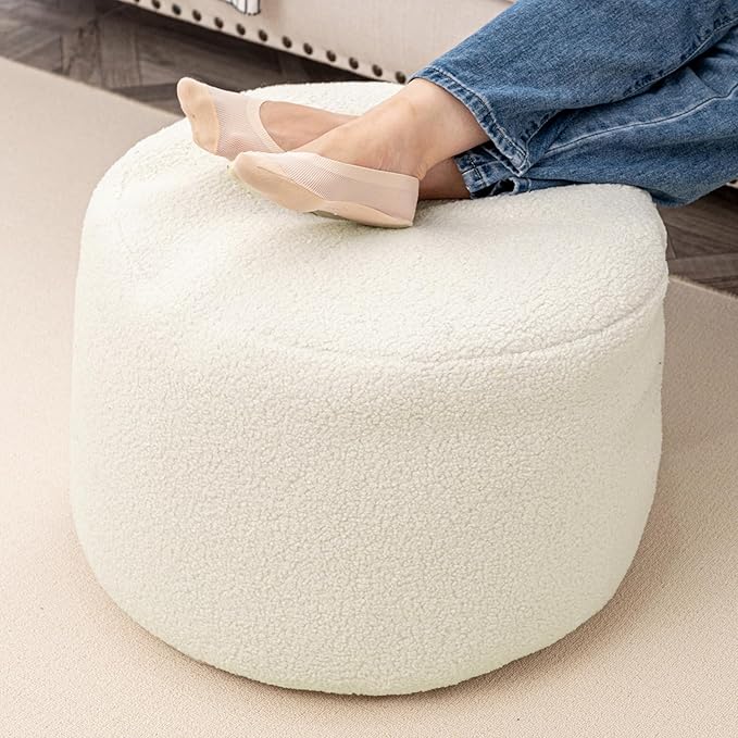 Round Pouf Ottoman 20 x 20 x 14 Inches Boho Poof Home Decor Floor Pouffe Ottoman Foot Rest for Couch Sofa Bean Bag Chairs Living Room Bedroom Ivory