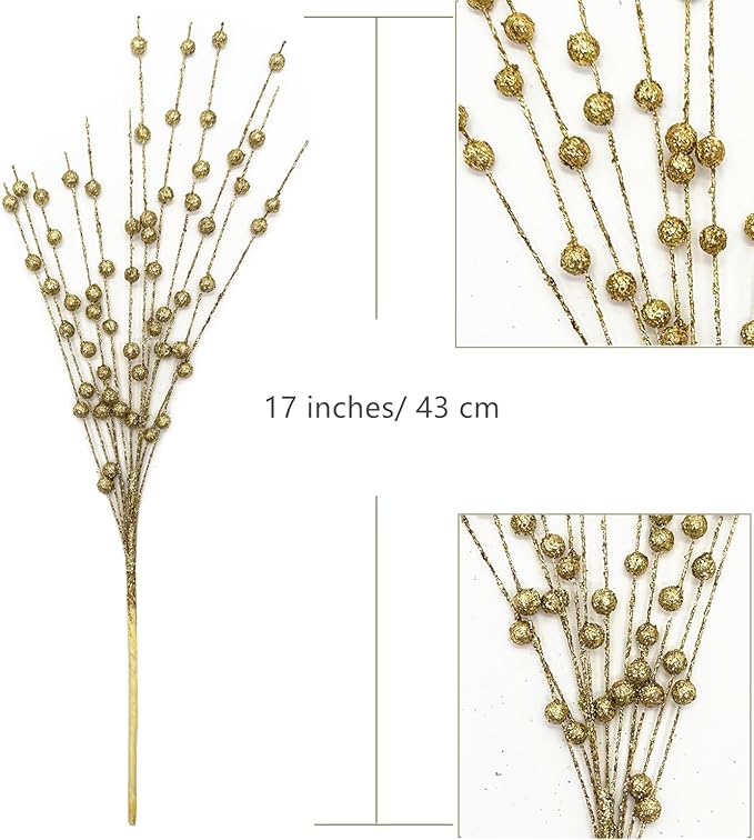 Artificial Glitter Berry Stem Ornaments, Gold Bright Berries Decorative Bead Sticks, Picks Branches Glittery Twigs for Home Christmas Tree Vase Holiday Wedding Party Decor - 17 Inch Golden 10 Pack