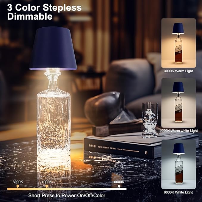 Wine Bottle Lamp, 2025 New 3 Color Rechargeable Wireless Bottle Lamp for Liquor Bottles with Touch Dimming for Parties, Restaurants & Home Decor (Royal Blue)