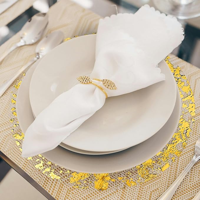 50 Pack Disposable Gold Placemats 13 inch Metallic Round Gold Foil Place Mat Mesh Pressed Table Mates Table Runner Decoration for Weddings Parties Home Dinners Table Tablecloths Decor